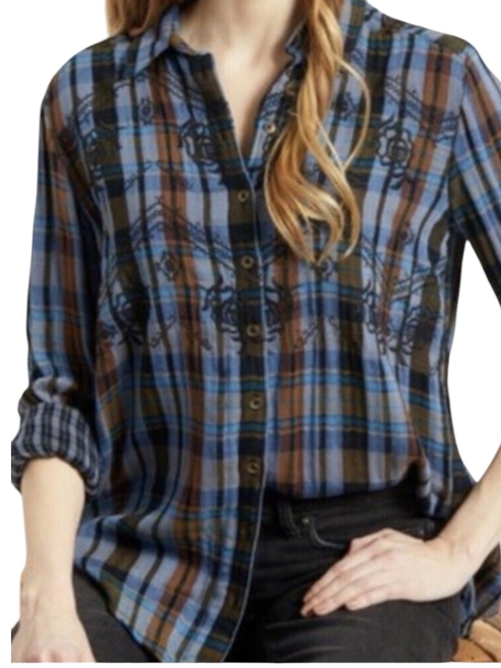 Free People Magical Blue and Brown Plaid Embroidered Tunic Shirt Blue Large